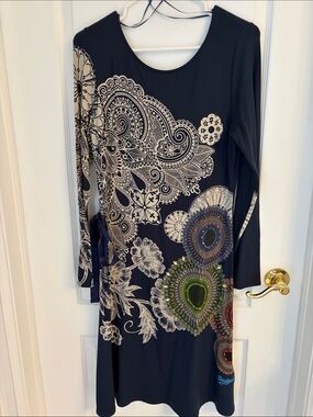 Desigual Black Long Sleeve Dress with Cream Floral and Colorful Mandala Accents